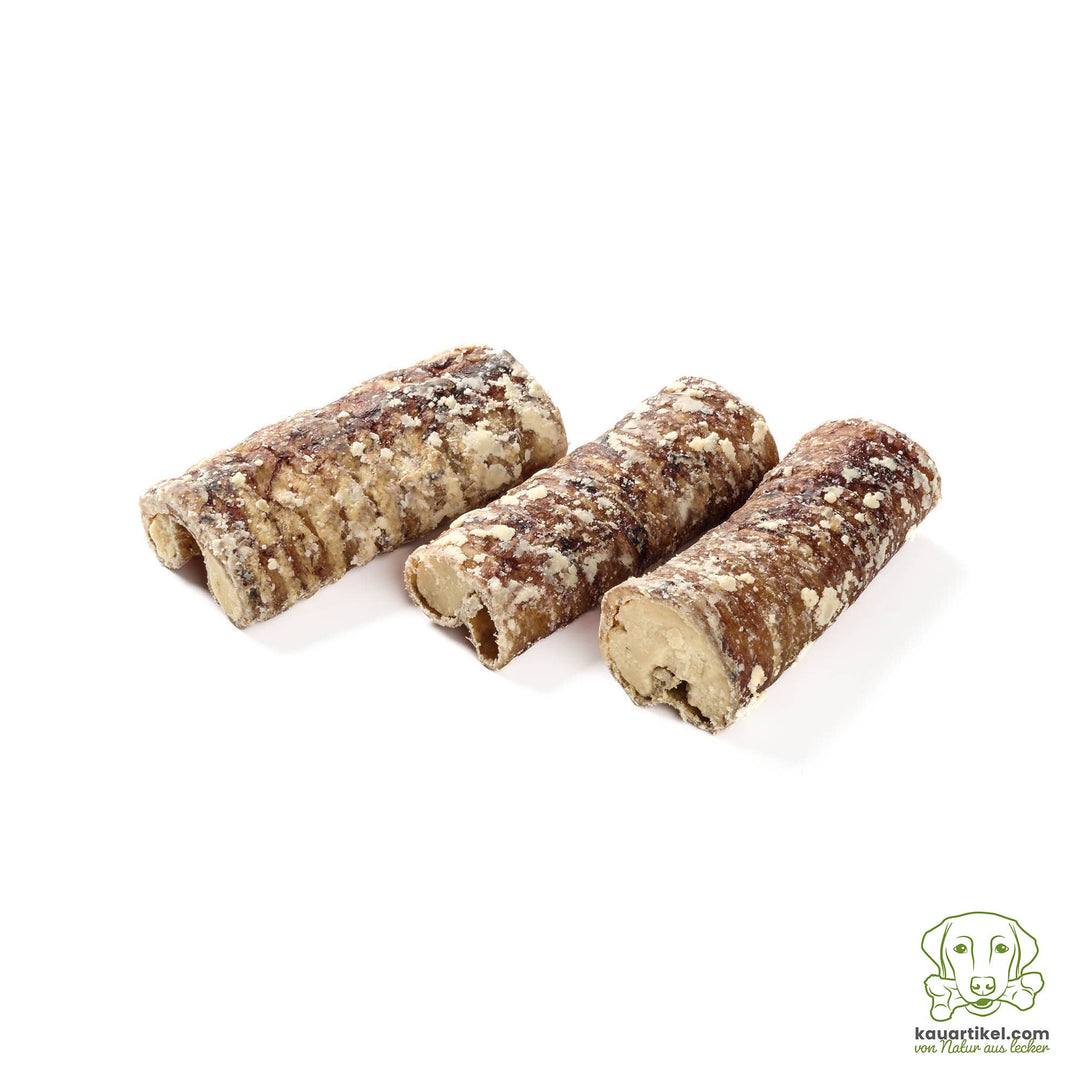 Snack natural de longa mastigação para cães desportistas. Traqueias de vaca recheadas com gordura de cordeiro, ricas em proteína (44,1%) e energia. Sem conservantes.
